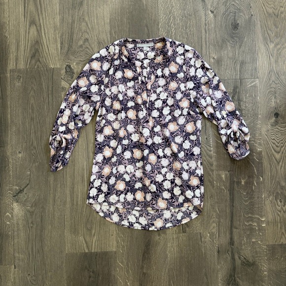 Daniel Rainn Tops - Daniel Rainn Floral Split Neck Blouse S Purple Roll-Tab Sleeve NWOT